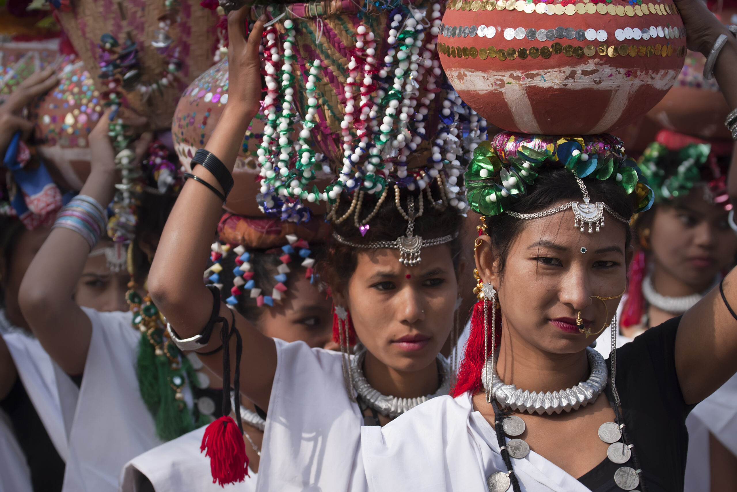 Chitwan, Nepal- December 26, 2013: Portrait of young women group wearing tradtional clothe for a Cultural program during elephant festival, Chitwan 2013, Nepal